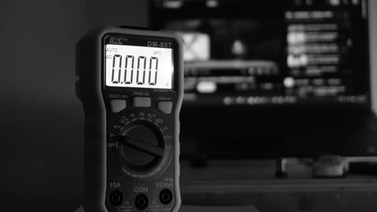Digital multimeter displaying zero volts on screen.