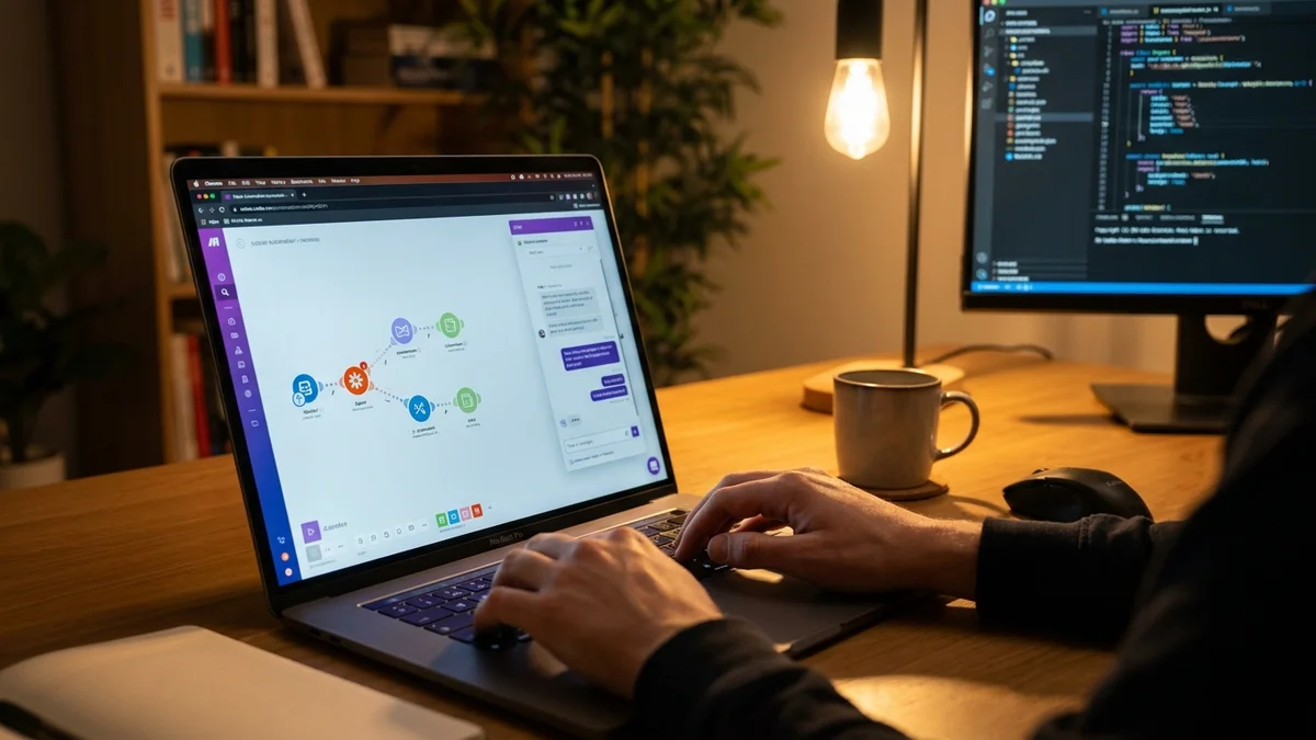 Developer building an AI automation workflow on a MacBook in an evening home office