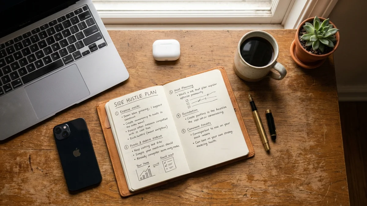 Overhead view of a freelancer's planning notebook