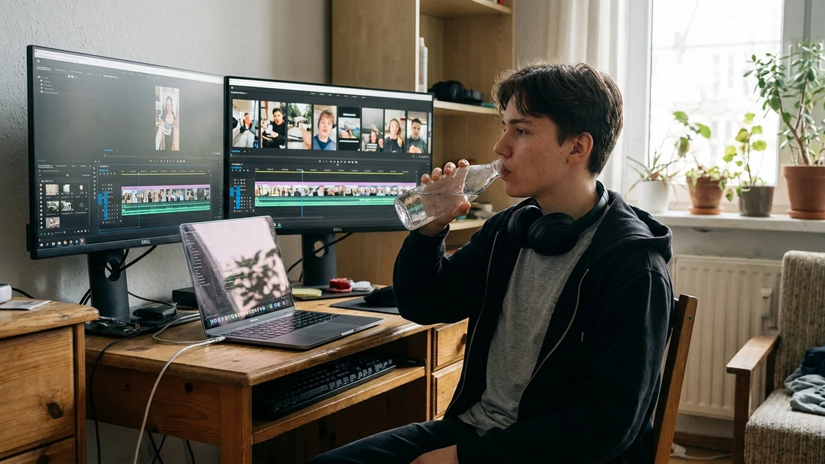 Video editor working on vertical short-form clips across dual monitors in a sunlit apartment