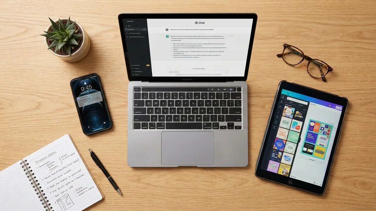 Overhead view of workspace with laptop