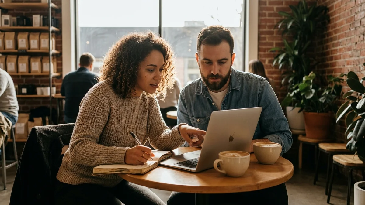 Two business partners reviewing software options on a laptop at a cafe