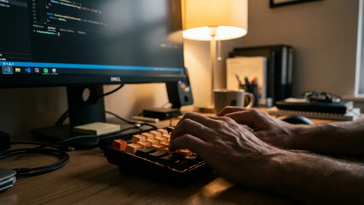 Developer hands on mechanical keyboard with code editor visible on monitor behind
