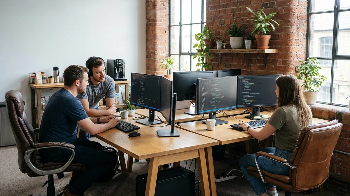 Wide view of a development team workspace with three developers and dual monitors