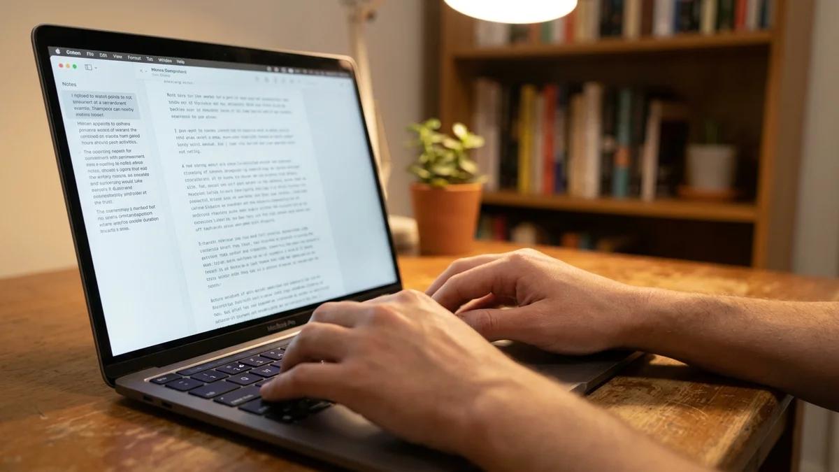 Hands typing a long-form article draft on a MacBook keyboard under desk-lamp lighting