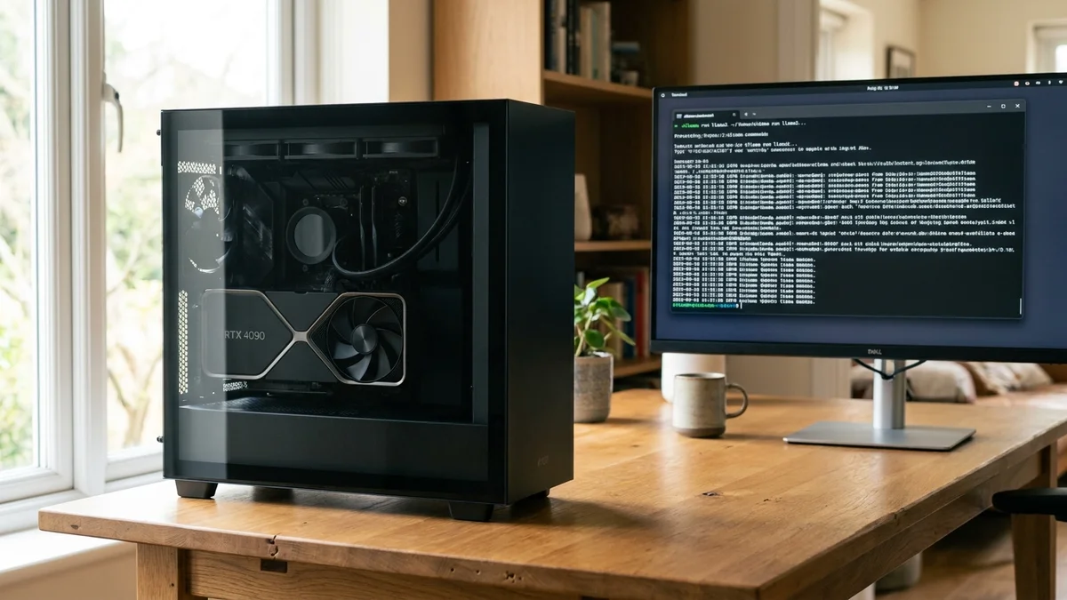 Desktop PC with RTX 4090 GPU running DeepSeek locally next to monitor