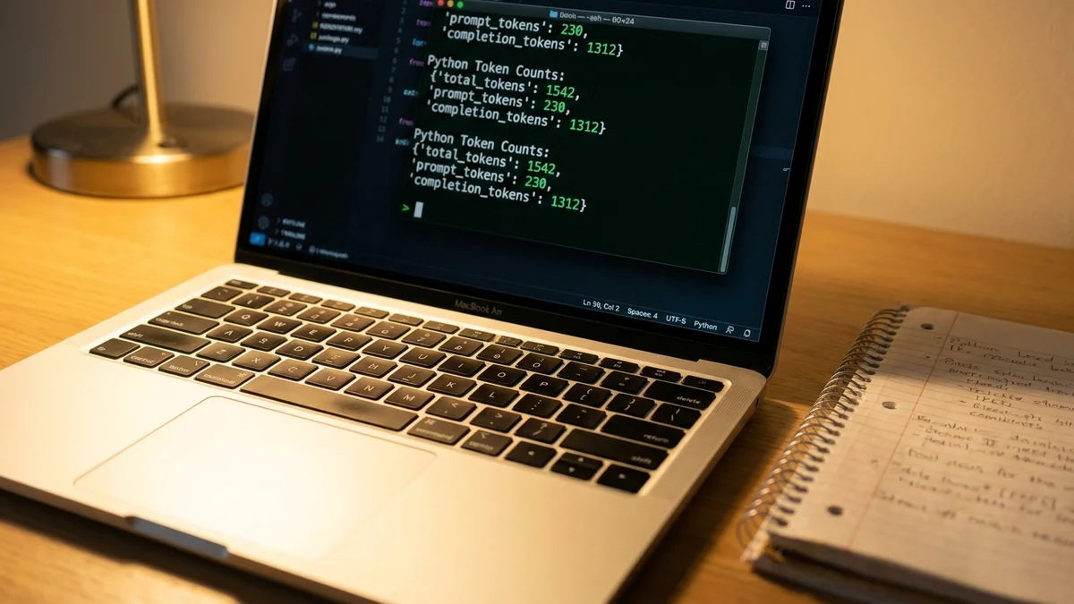 Laptop terminal displaying token count output for a long document