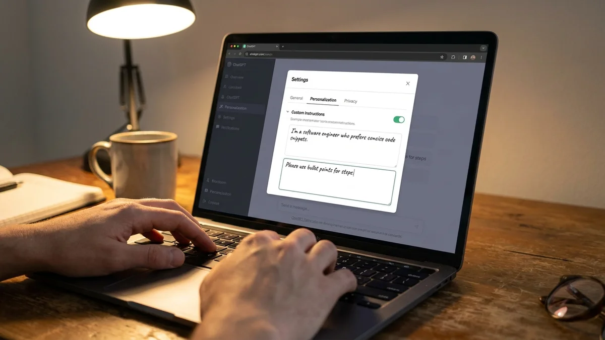 ChatGPT Custom Instructions settings panel shown on a laptop screen