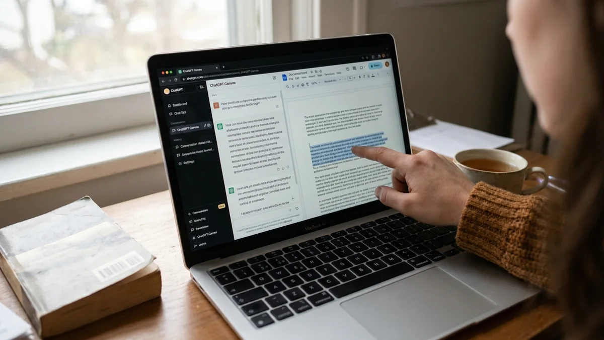Hand pointing at a document in ChatGPT Canvas editor on a MacBook screen