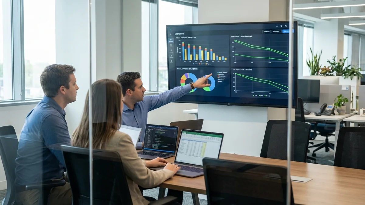 Engineering team reviewing API cost monitoring dashboard on a large screen in a meeting room