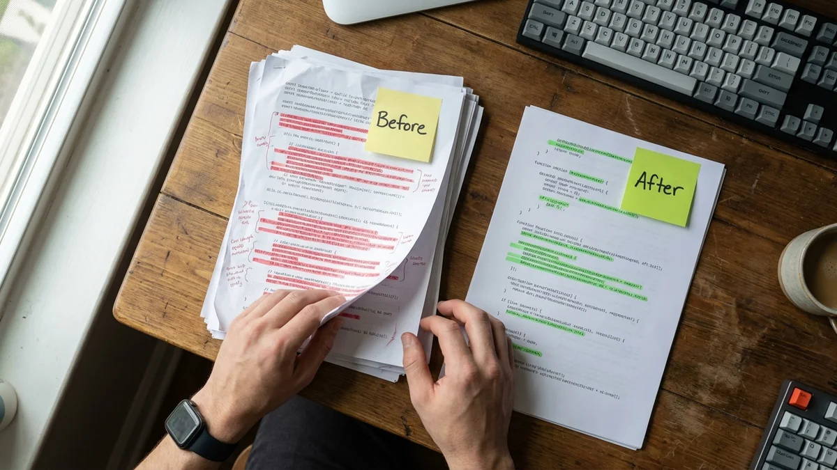 Side-by-side comparison of a bloated prompt document versus an optimized shorter version on a desk