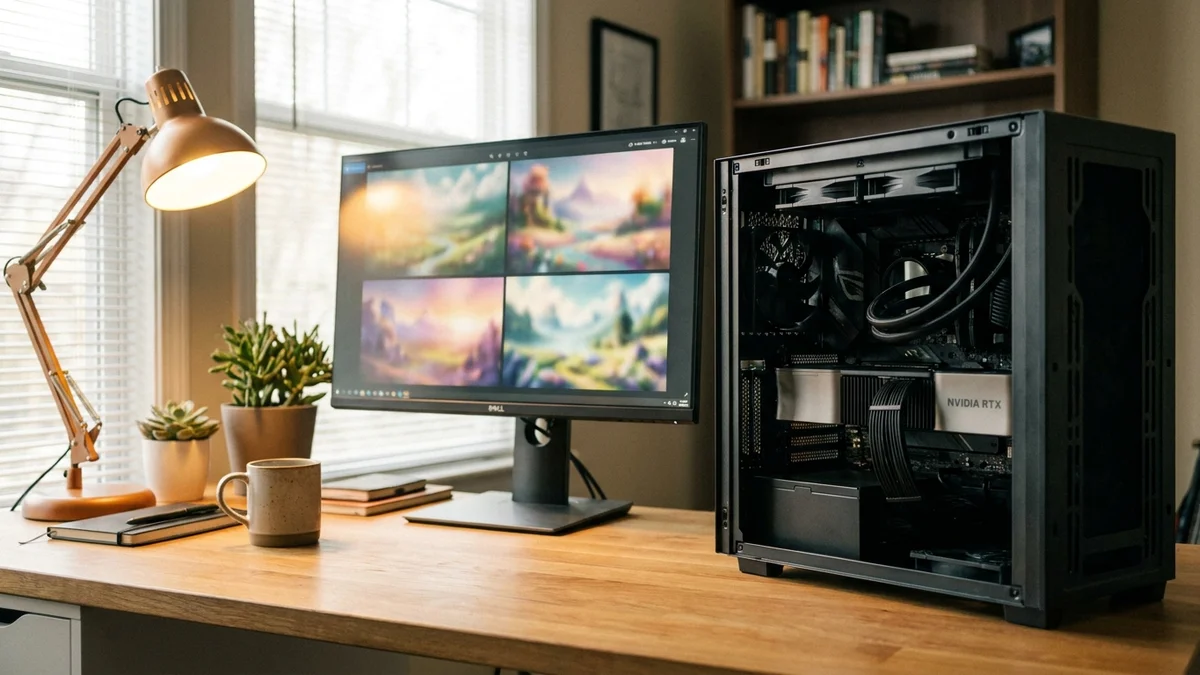 Home workstation with PC tower and monitor showing generated images