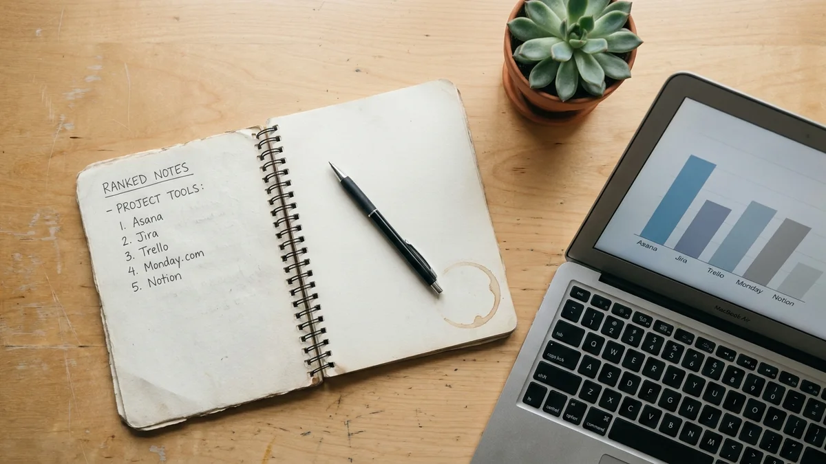 Notebook with handwritten rankings next to laptop displaying a bar chart
