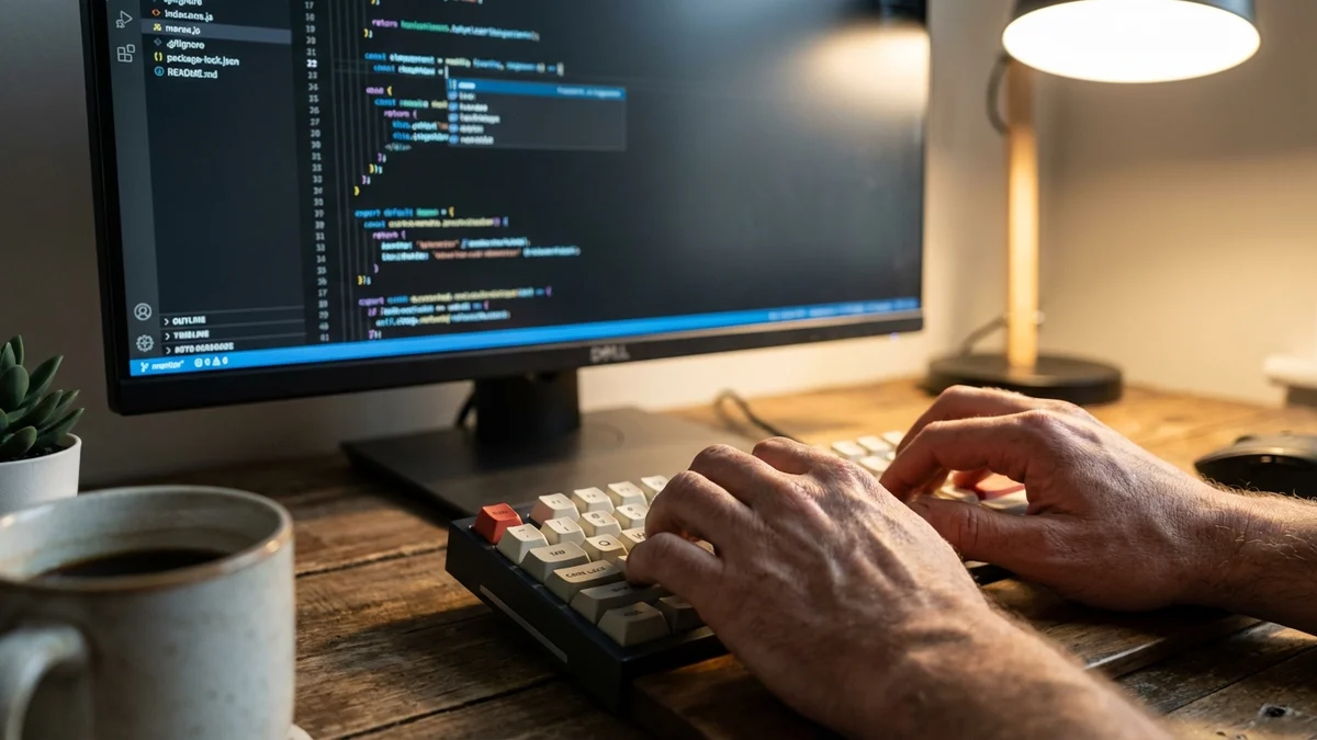 Developer hands on keyboard with AI code suggestions on monitor
