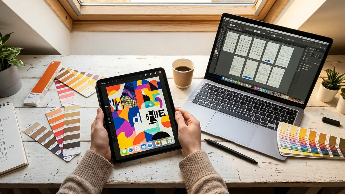 Overhead view of designer using AI tools on tablet and laptop