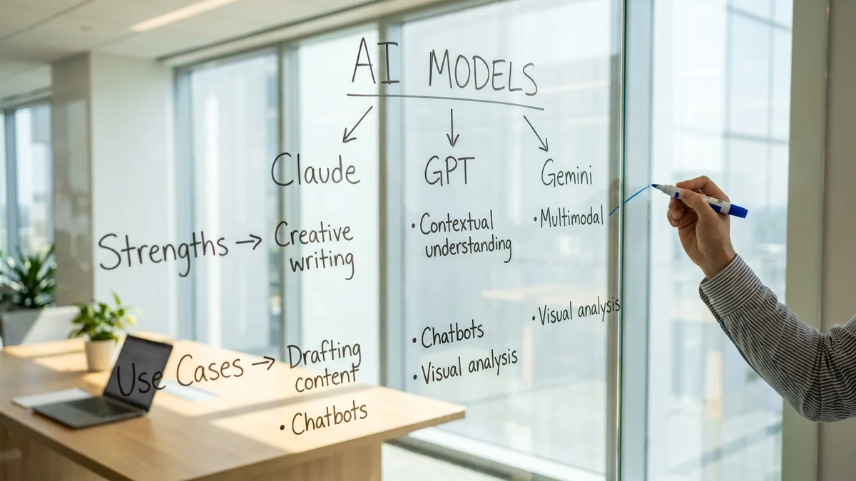 Whiteboard with handwritten AI model comparison notes in a tech office