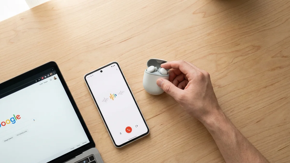 Pixel phone laptop and earbuds showing Gemini Live features