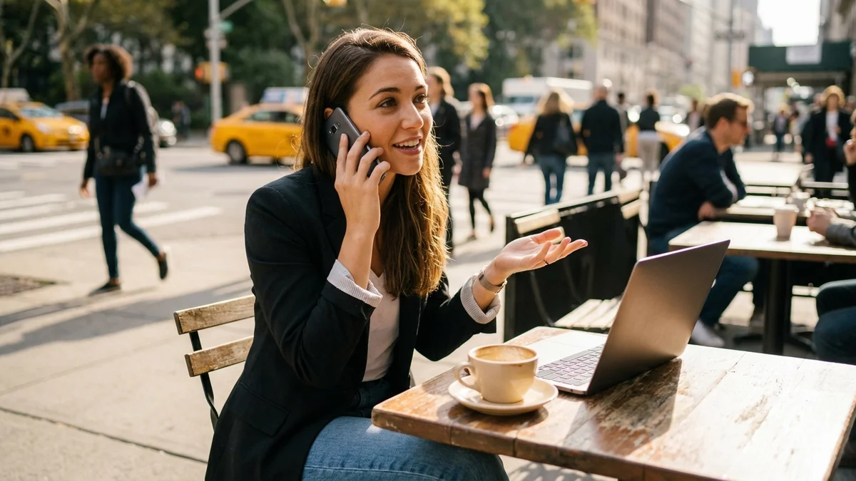 Woman using voice AI on phone in busy environment