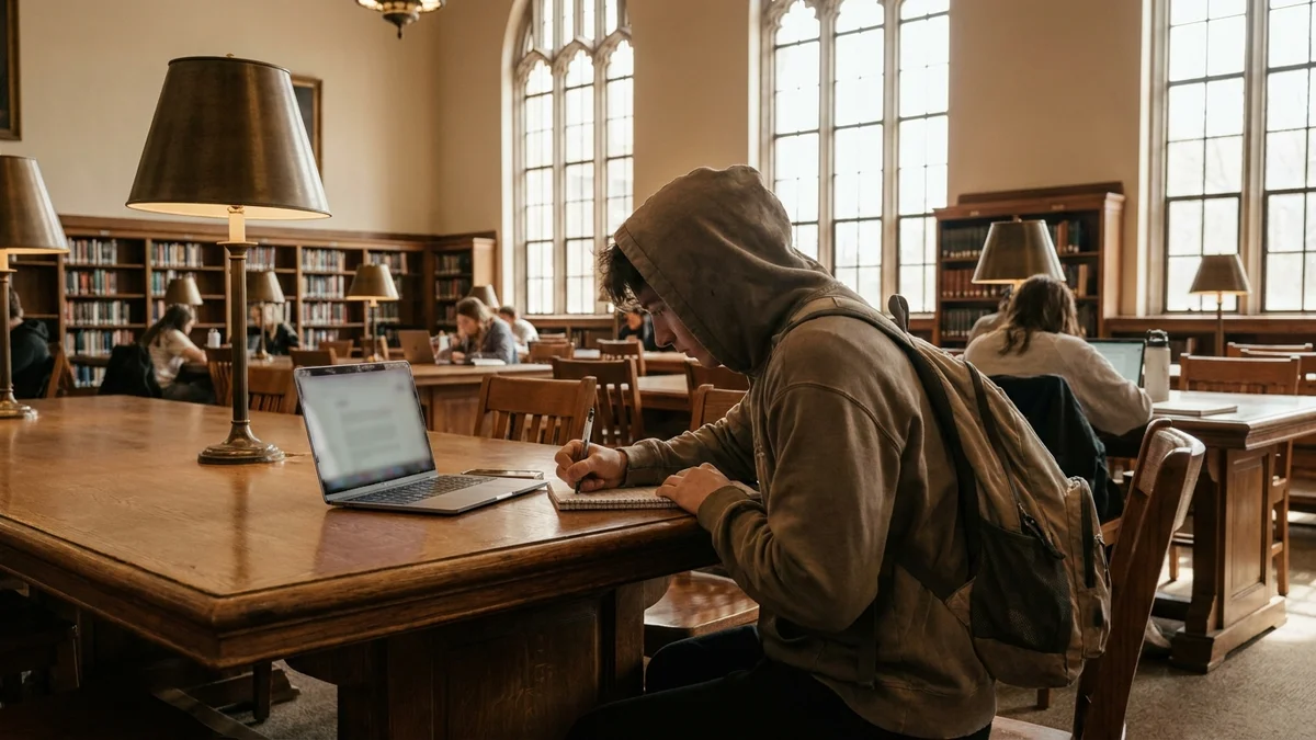 Student writing notes beside an open laptop at a library table