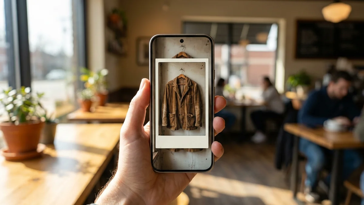 Hand holding a phone showing a vintage corduroy jacket in a coffee shop
