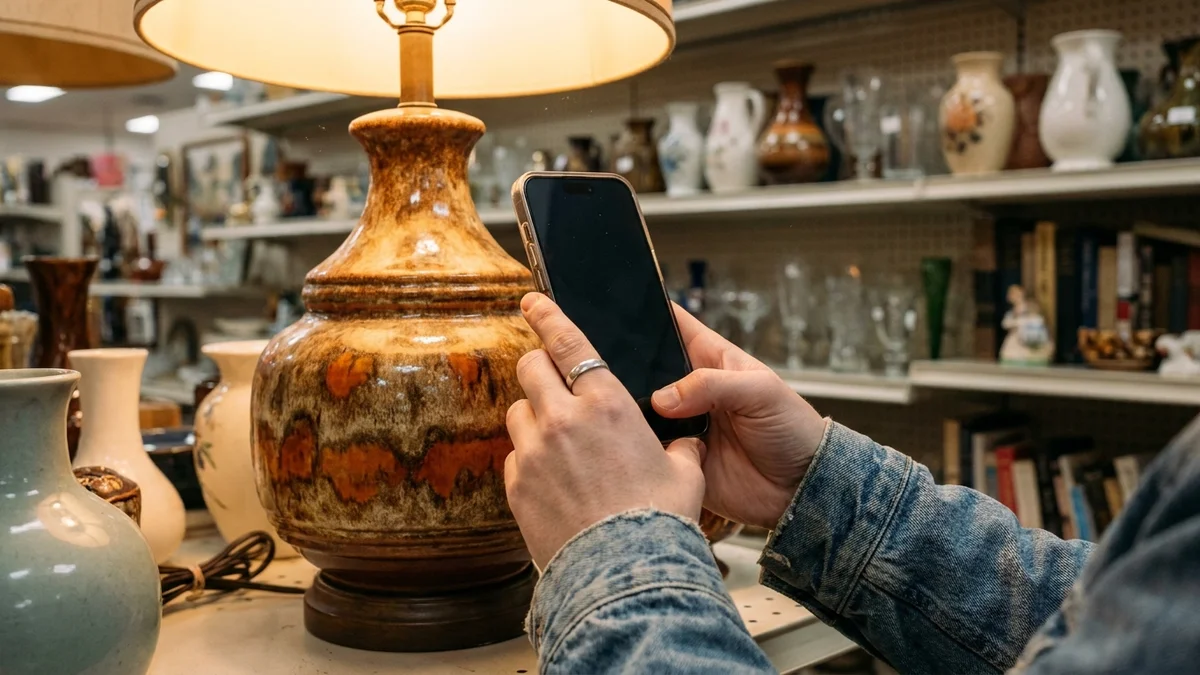 Hands holding a phone to scan a midcentury ceramic lamp at a thrift store