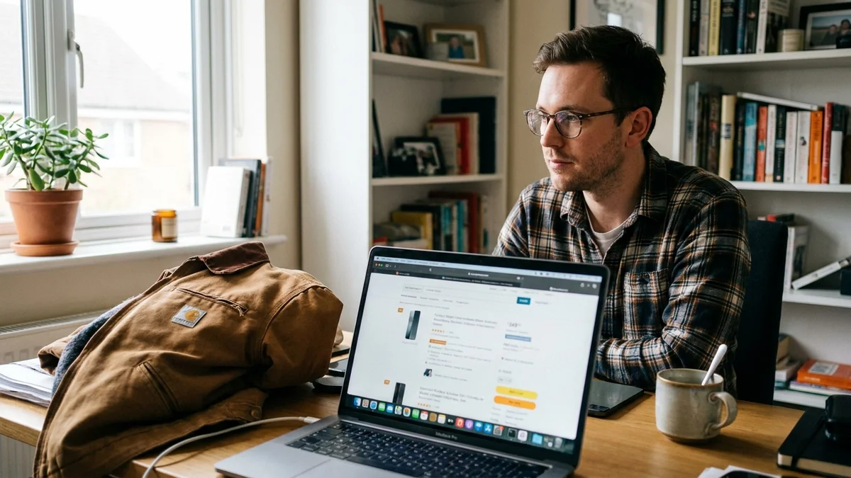 Man comparing vintage jacket prices on a laptop with the jacket on the desk