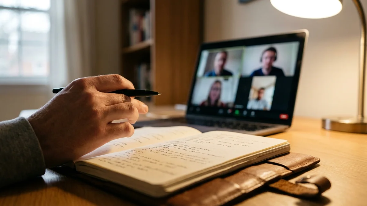 Laptop showing a video call with a notebook and pen on the desk
