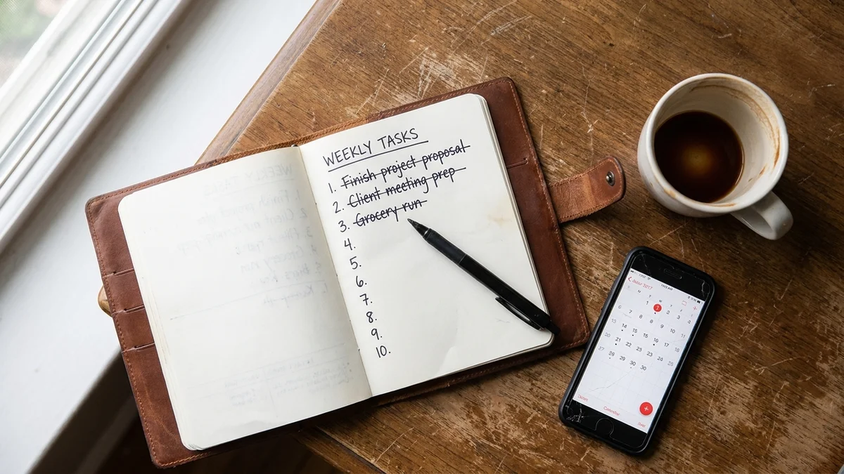 Overhead view of a weekly task list with several items crossed off