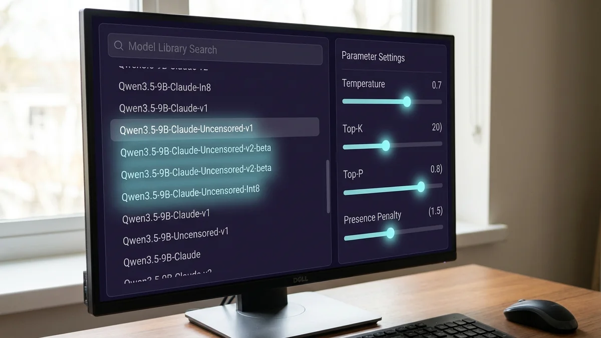 LM Studio interface screenshot showing Qwen3.5-9B-Claude-4.6-Opus-Uncensored-Distilled loaded for local inference