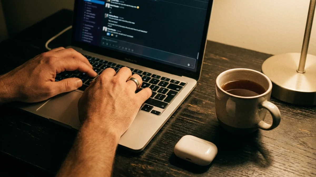 Hands typing on a laptop running a local-first AI chat application