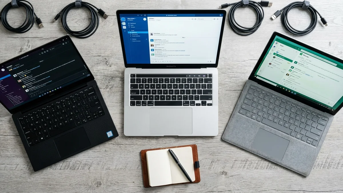 Three laptops showing different open-source AI chat client interfaces from above