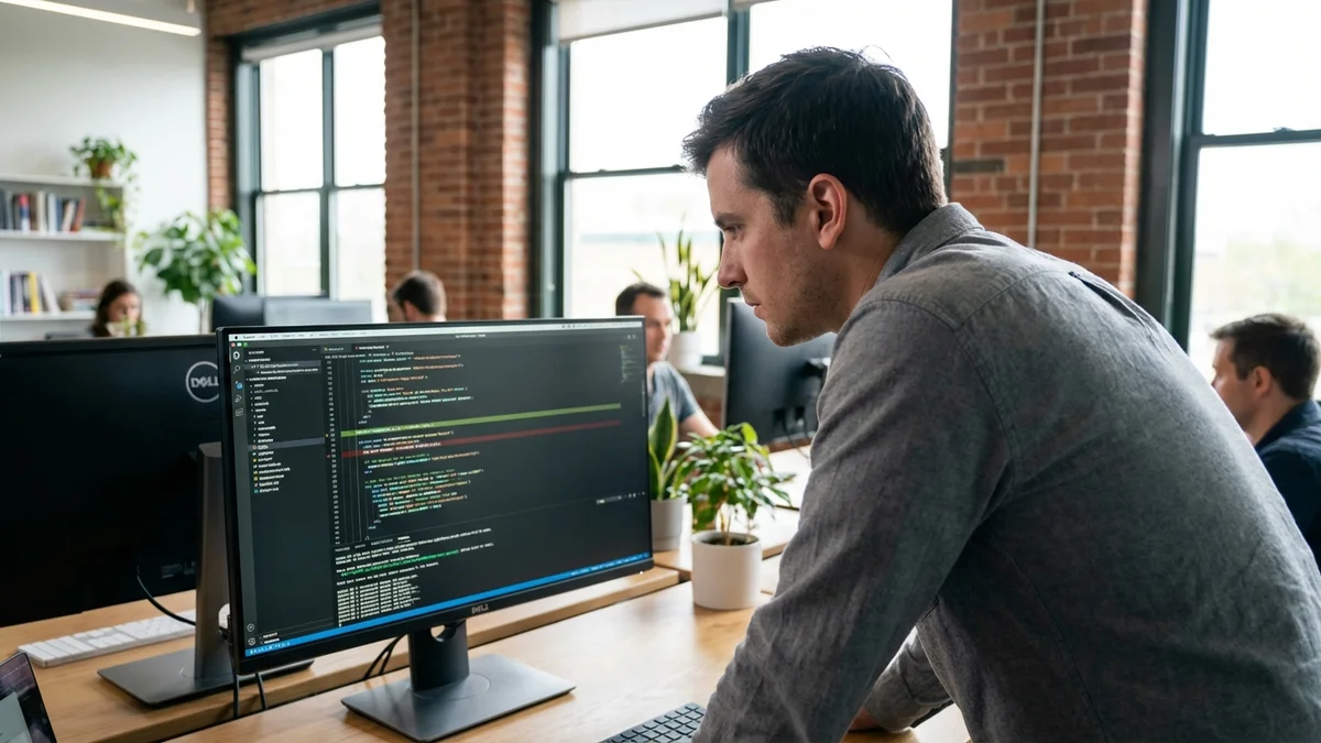 Developer carefully reviewing AI-generated code diff on monitor
