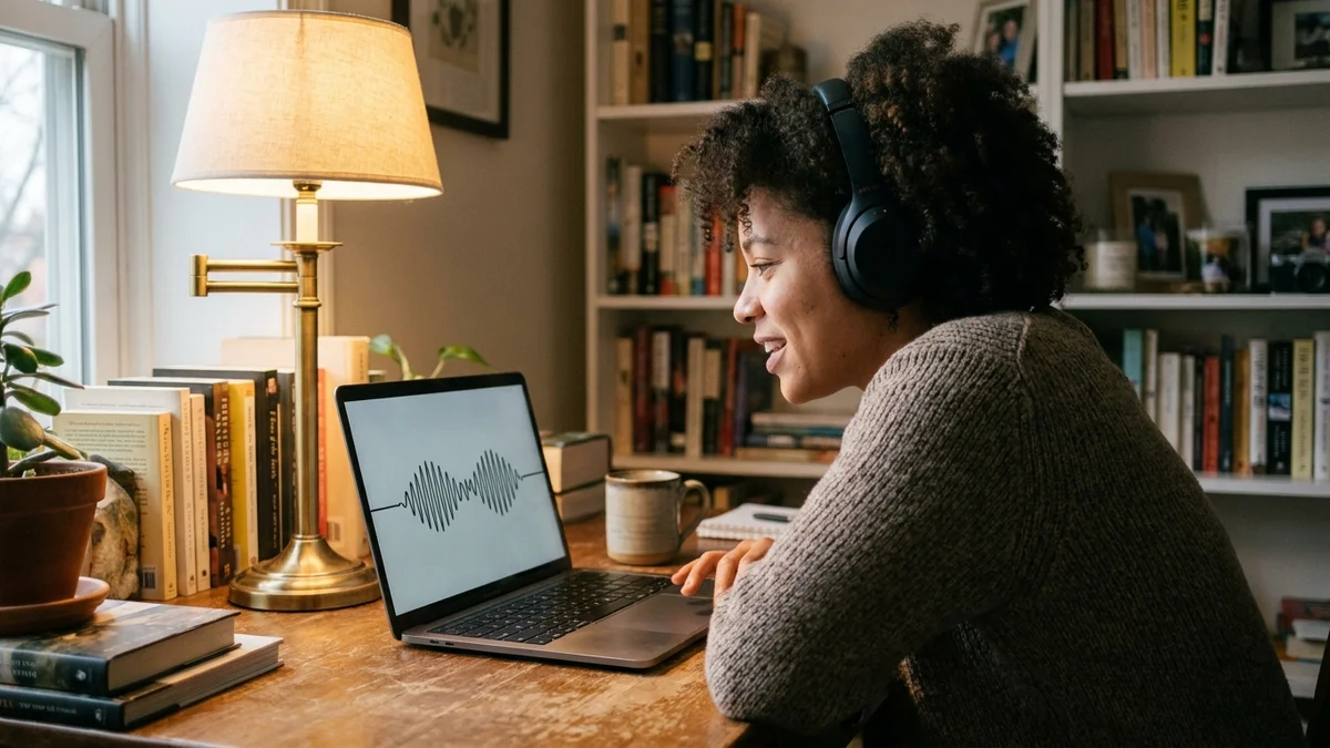 Developer with headphones testing a voice assistant on a laptop