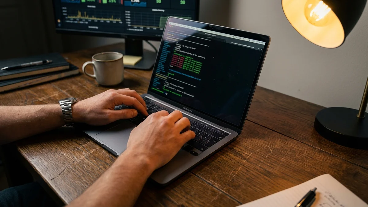 Developer's hands on laptop keyboard with database benchmark results on screen
