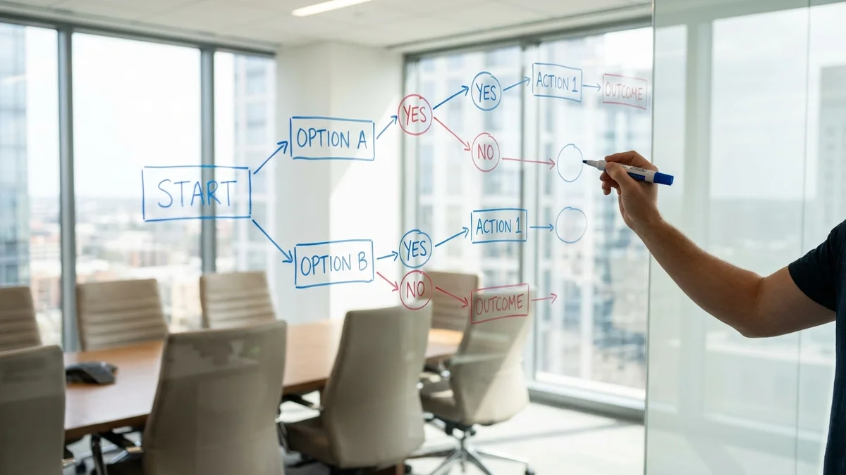Whiteboard with hand-drawn decision flowchart for choosing a database