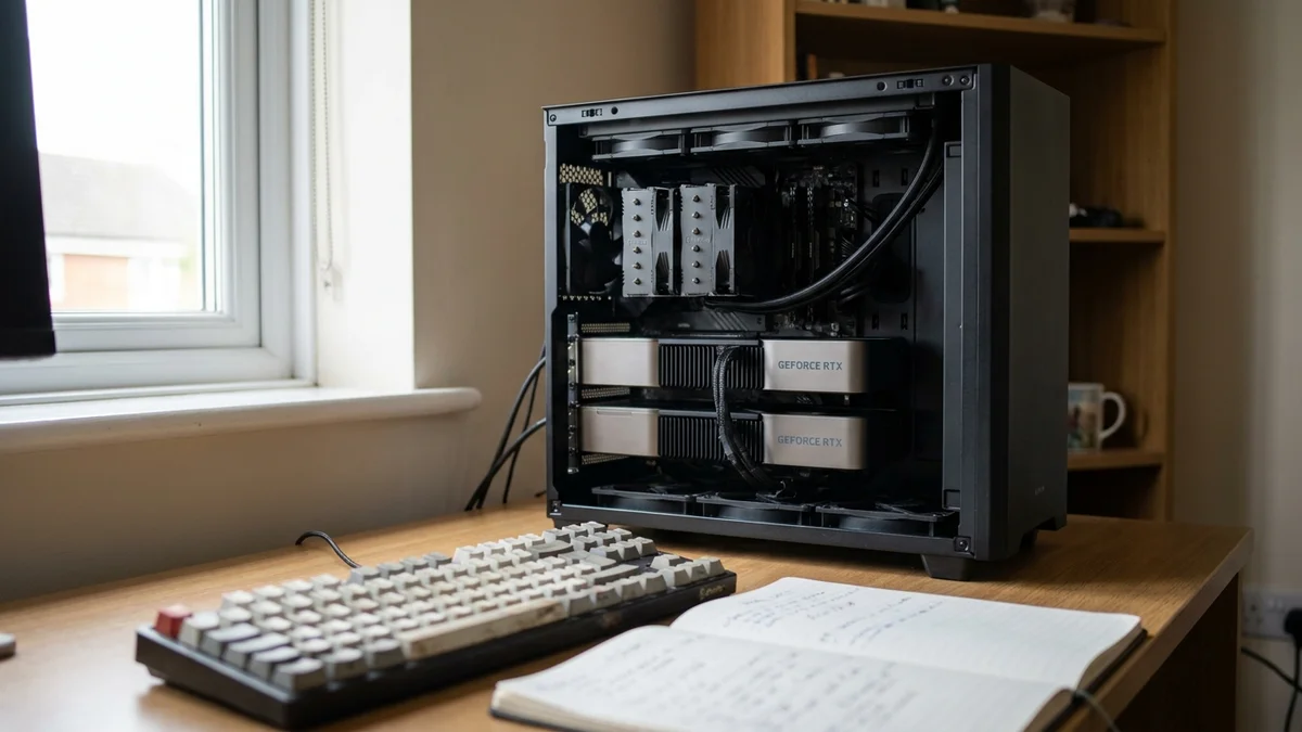 Custom workstation with dual GPUs configured for running large open source language models locally
