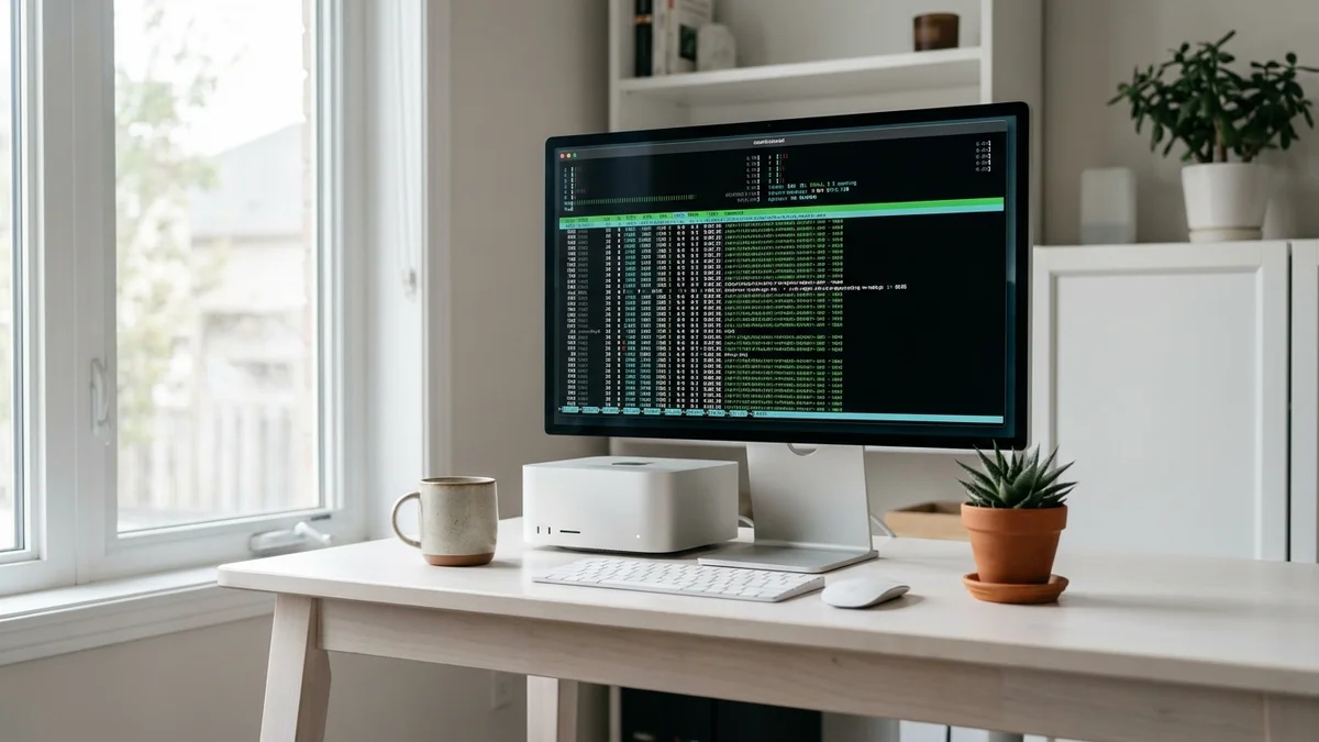 Mac Studio desktop computer set up for running large open source language models on a clean desk