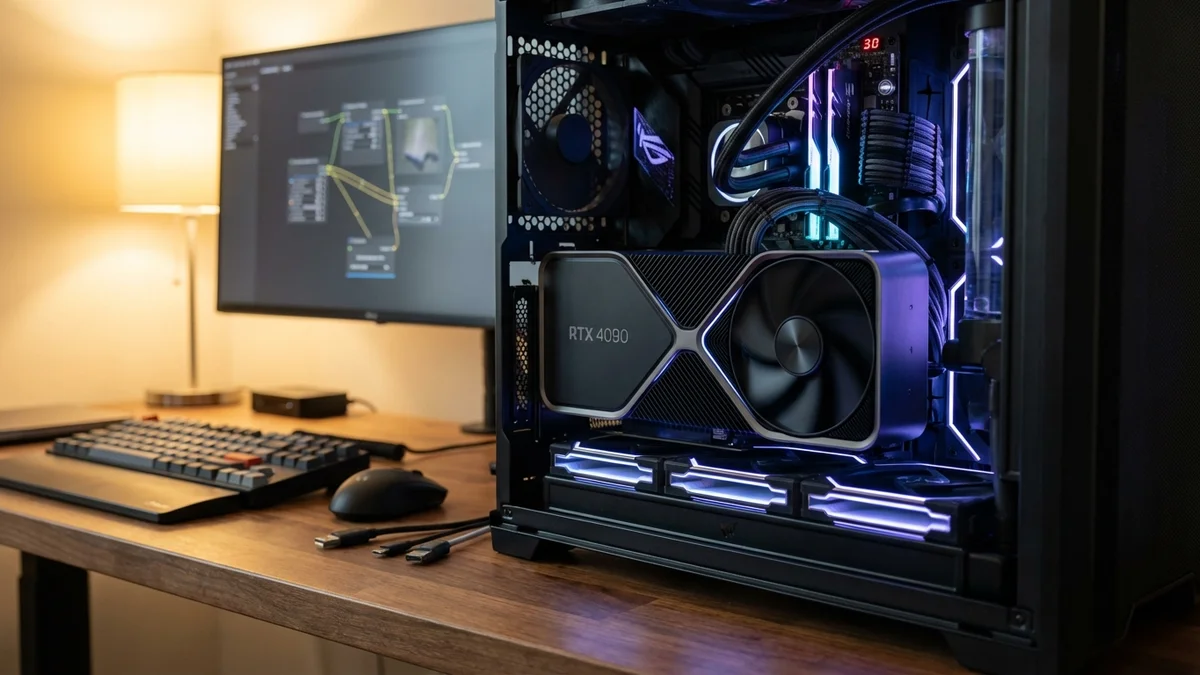 Desktop PC with NVIDIA GPU running local AI image generation software