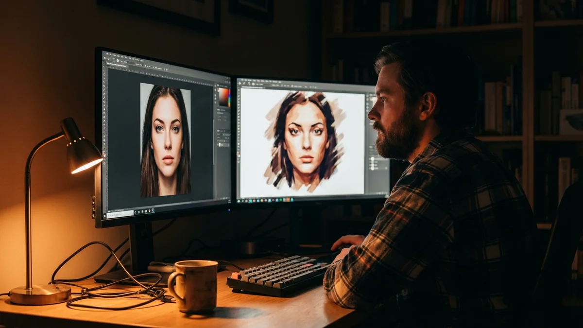 Person comparing AI-generated images side by side on dual monitors