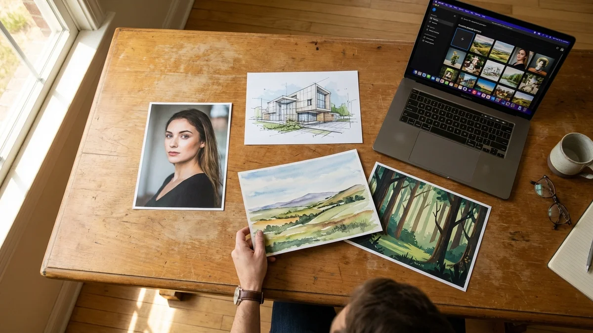Printed AI-generated images in various styles spread across a wooden desk