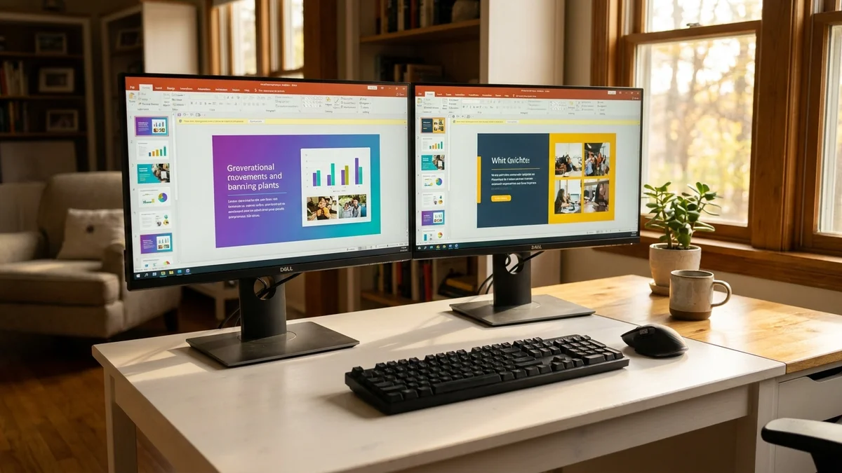 Dual monitor workstation displaying two presentation software interfaces