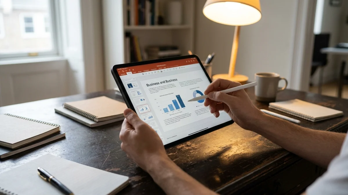 Hands editing a presentation slide on an iPad with Apple Pencil
