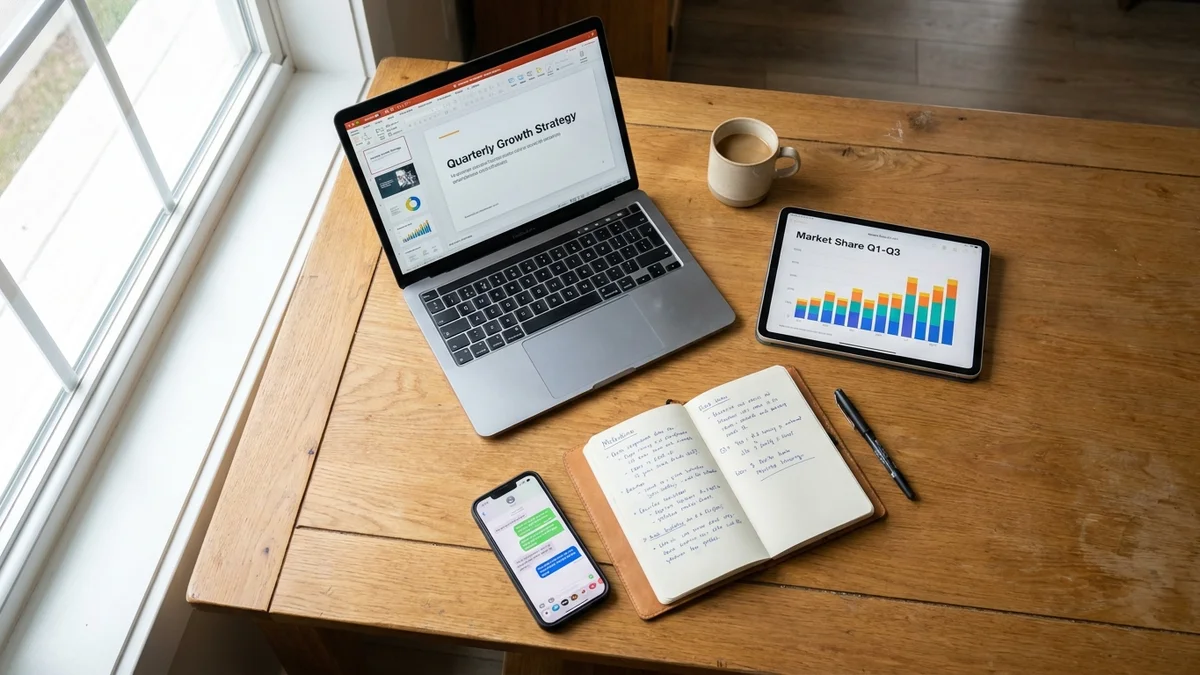 Overhead view of MacBook iPad and iPhone showing AI analysis tools on a wooden desk