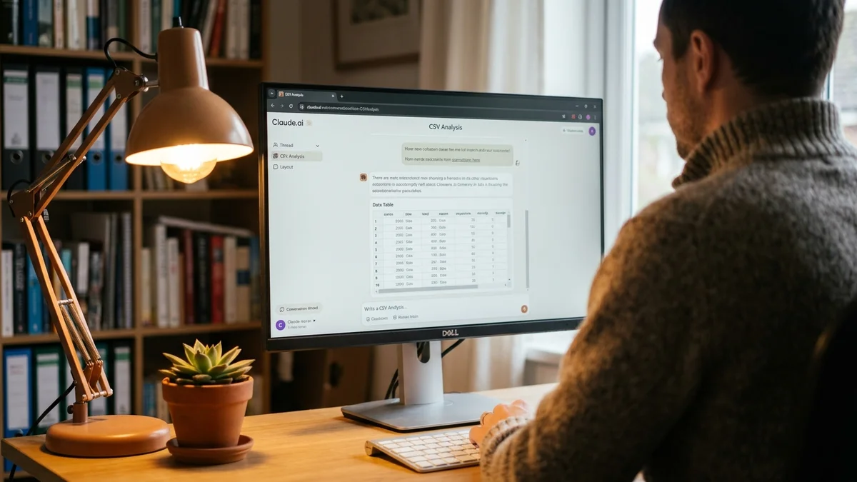 Person reviewing Claude AI analyzing a CSV file on a desktop monitor