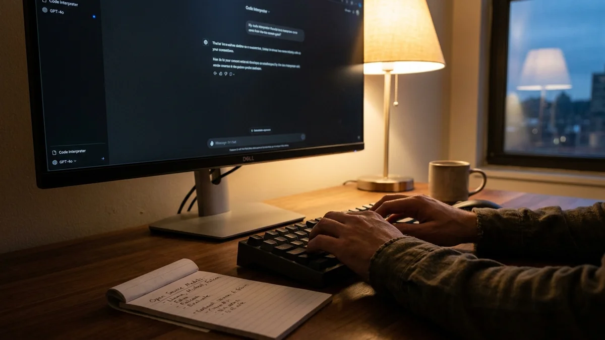 Developer typing on a mechanical keyboard with an AI chat interface visible on a monitor