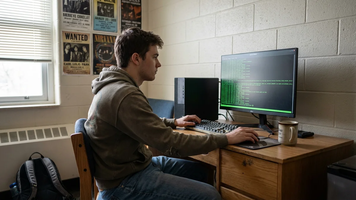 College student working on AI coding system at a simple dorm room desk