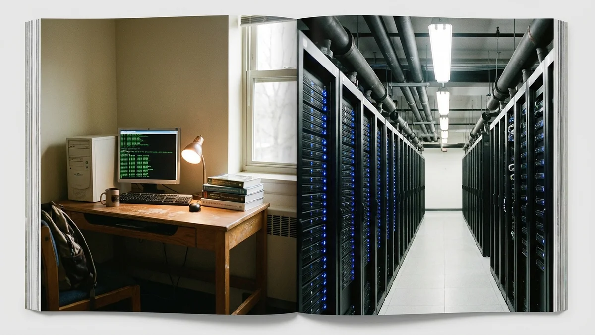 Split view of a modest desktop PC versus a large server data center
