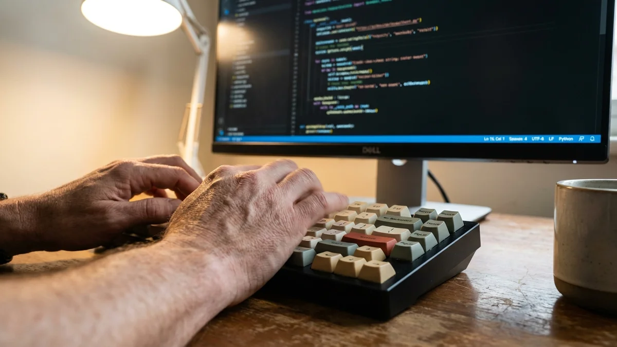 Developer hands typing Python code for an agent benchmark on a mechanical keyboard
