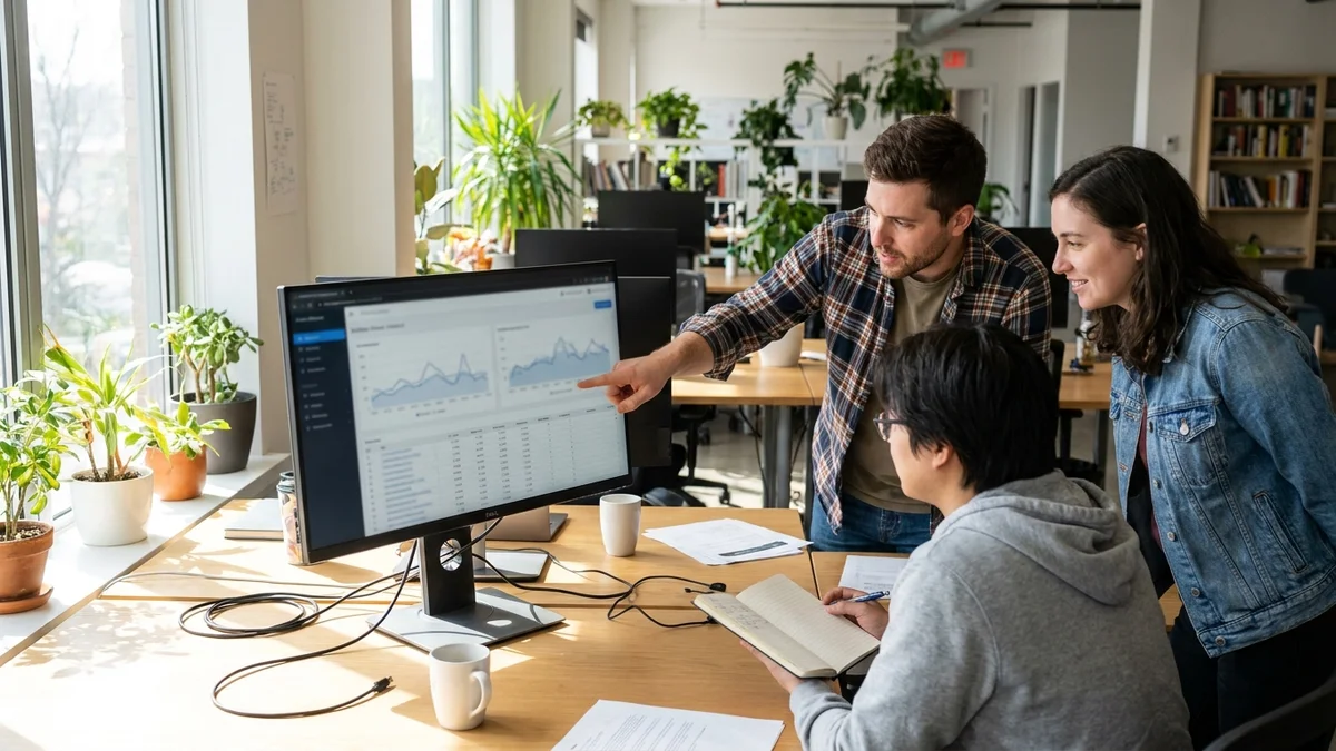 Three engineers reviewing a benchmark results dashboard on a large office monitor