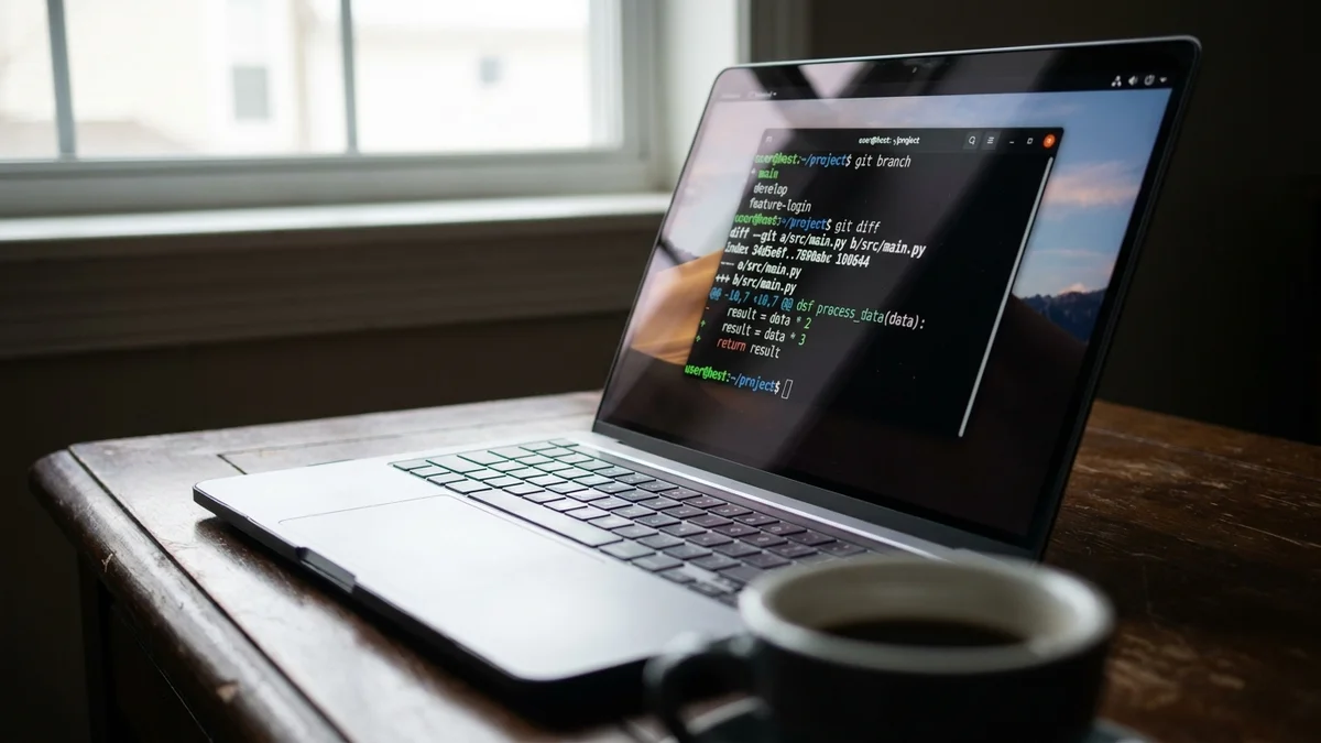 Close-up of a laptop terminal showing git branch and diff commands for version control